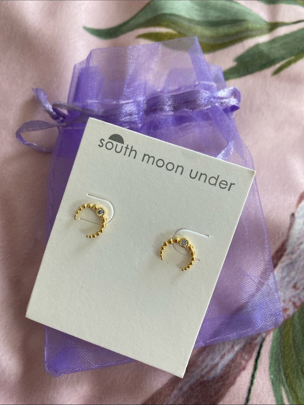 South Moon Under 14K Gold Dip Crescent Moon CZ Studs